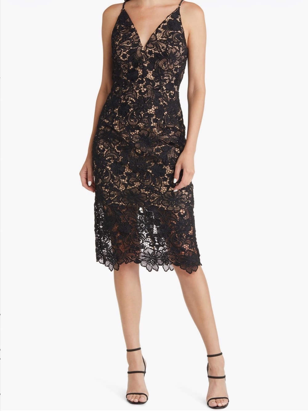 Dress the Population Black Lace Midi Dress with Nude Underlay